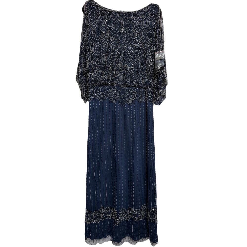 Pisarro Nights Size 16 Beads Blouson Gown Cold Shoulder 3/4 Split Sleeve NavyNWT